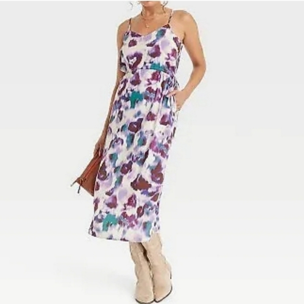 NWOT Purple Teal Midi Dress Abstract Print Adjustable | Spaghetti Straps | SMALL